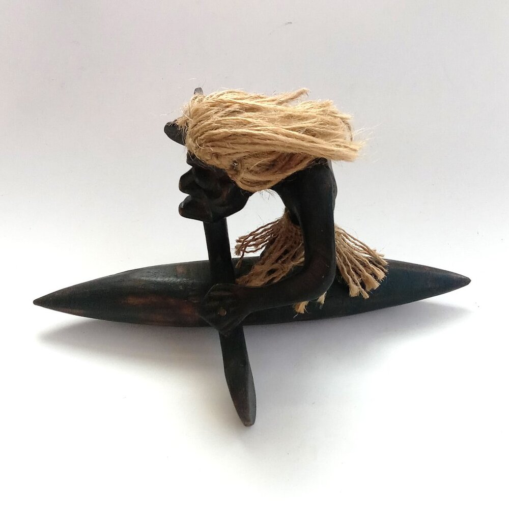 VTG Hand Carved Primitive Tribal Figurines Wood Folk Art Paddling Man in Kayak